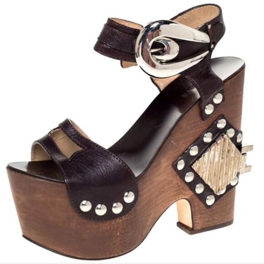 Rare Roberto Cavalli Brown Leather Embellished Buckle Detail Wedge
